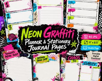 Neon Graffiti Planner Journal Pages, Brain Dump Worksheets, Urban Punk (Digital Download)