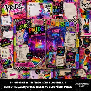 May include: A digital journal kit featuring neon graffiti-style Pride Month collage papers. The pages include vibrant rainbow colors, music festival themes, handwritten notes, and inspirational text like Love Has No Limits and Queer Joy Is Revolution.