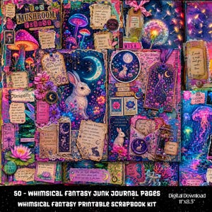 Nyckfulla fantasy-skräpjournalsidor, neonkonst-klippbokskit (digital nedladdning)