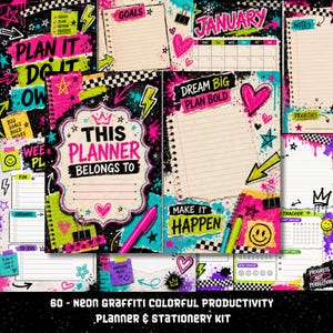 Peut inclure: Un kit de papeterie et agenda de productivité coloré avec des graphismes style graffiti néon, des fonds noirs et des accents vifs rose, jaune et bleu sarcelle. Les pages incluent des textes comme "This Planner Belongs To" et "Make It Happen."