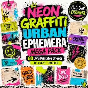 May include: A digital collection of 60 printable sheets titled Neon Graffiti Urban Ephemera Mega Pack. The set features various cut-out elements including tags, tickets, and notes with neon pink, yellow, and blue graffiti-style graphics.