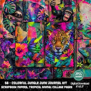 May include: A digital junk journal kit featuring 56 colourful pages with tropical animal collages, including a sloth, chimpanzee, leopard, and iguana amidst vibrant jungle foliage, hibiscus flowers, and neon paint splatters, sized at 11 by 8.5 inches.
