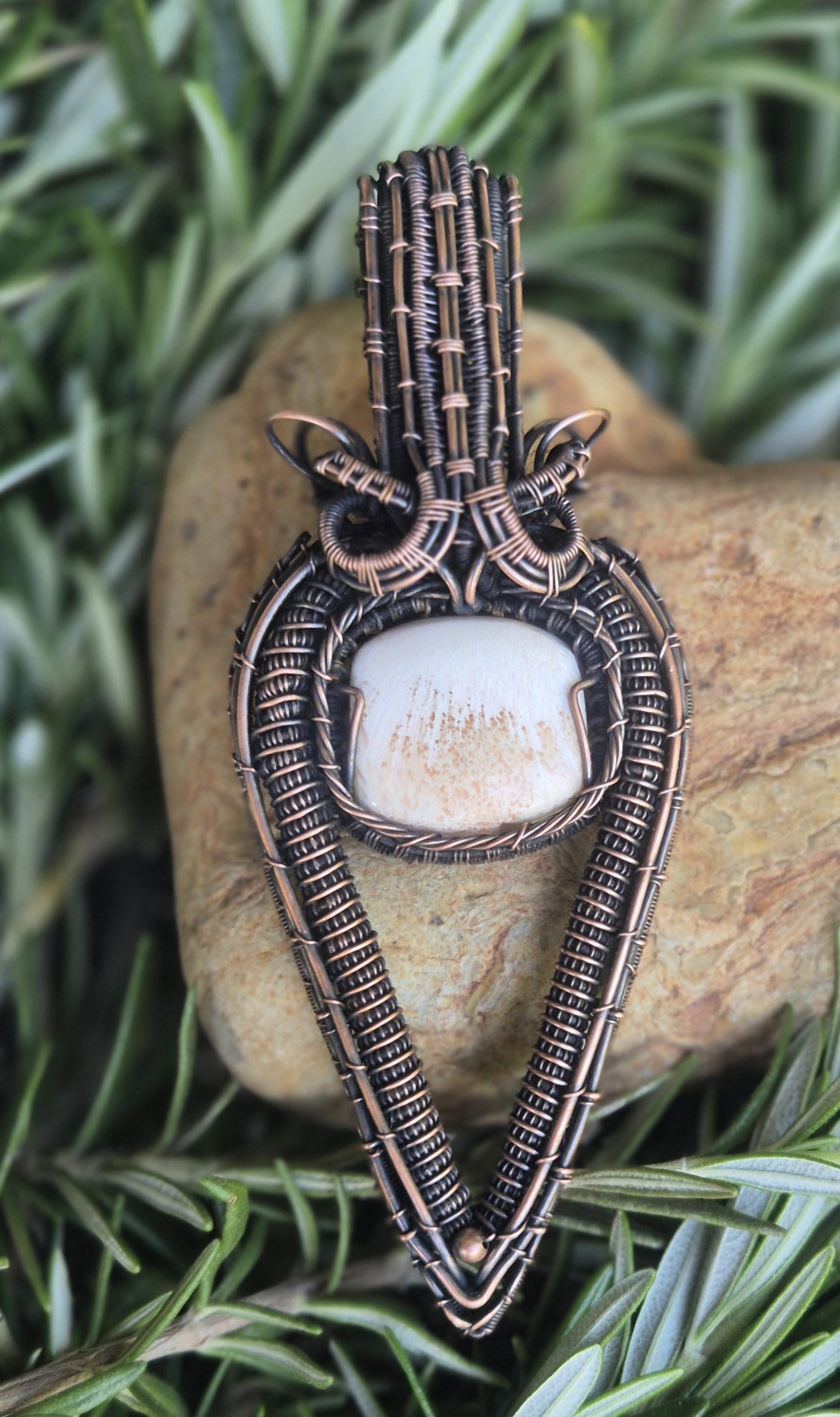 Peach Scolecite Owl Pendant – Hand-Woven Copper Wire Wrapped Necklace | Large Statement Pendan