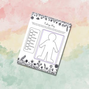 Puede incluir: Una hoja de trabajo imprimible en blanco y negro titulada Feelings Map con un contorno humano central, una lista de emociones como Happy, Sad, Scared, Proud, Angry, Anxious y Safe con casillas de verificación y bordes florales.