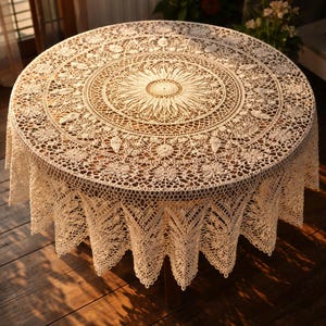 May include: A round, cream-colored lace tablecloth featuring an intricate, symmetrical floral and geometric pattern. The design radiates from a central circular motif, extending outward with detailed openwork and scalloped edges.