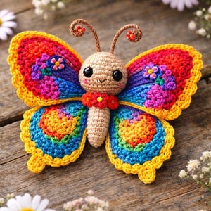 May include: A crocheted butterfly toy with a tan head and body, featuring large black eyes and antennae with small red flowers. The wings are vibrant with layers of red, orange, yellow, blue, and purple yarn, accented by small floral details.