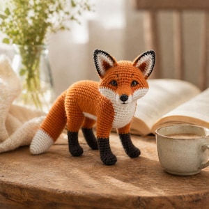 May include: A handcrafted crochet fox figurine featuring a vibrant orange body, a white chest and muzzle, dark brown legs, and a bushy tail with a white tip. The fox has black stitched eyes and pointed ears with white inner details.