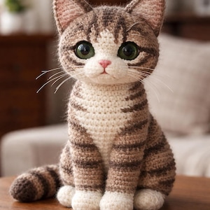 May include: A crocheted cat figurine featuring brown and tan tabby stripes, a cream-coloured chest and paws, large green eyes, and a small pink nose. The stuffed animal is crafted with visible yarn stitches and has long white whiskers on both sides.