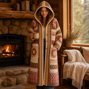 May include: A long, hooded crochet cardigan featuring a patchwork design of floral granny squares and vertical striped panels in shades of cream, beige, brown, and dusty rose. The garment has long sleeves, two front pockets, and a button closure.