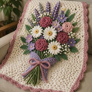 May include: A cream-colored crochet blanket featuring a large, central floral bouquet appliqué. The bouquet includes white daisies, pink and dark rose roses, purple flowers, and green leaves, all tied with a light purple bow. The blanket has a scalloped pink border.