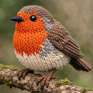 Pode incluir: Uma estatueta de pássaro pisco-de-peito-ruivo tricotada à mão com um peito laranja brilhante, asas e cabeça castanhas, barriga creme e um pequeno bico preto. O pássaro tem um corpo redondo com textura de fio detalhada e olhos escuros.