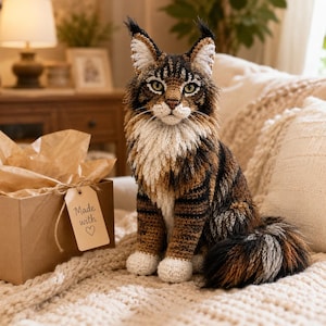 May include: A crocheted Maine Coon cat figurine with brown, black, and white yarn fur, pointed ears with tufts, and green eyes. Beside it sits a brown cardboard gift box with a beige tag featuring the text Made with a heart symbol.