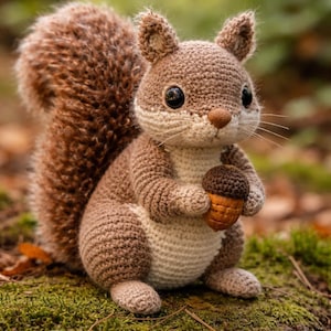 May include: A crocheted squirrel figurine featuring a light brown body with a cream-coloured chest and belly. The squirrel has large black eyes, a small brown nose, and a fluffy, textured tail. It is holding a small brown acorn in its front paws.