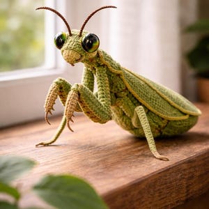 Patrón de ganchillo en PDF de mantis religiosa, tutorial de amigurumi de insectos realistas, en inglés y alemán.