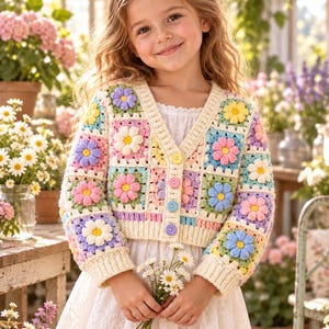 May include: A long-sleeved crochet cardigan featuring a patchwork of colorful floral granny squares in shades of pink, blue, yellow, and lavender. The garment has a V-neckline, a cream-colored ribbed hem and cuffs, and four round buttons in pastel colors.