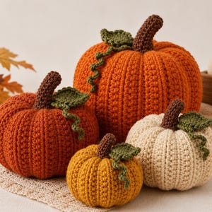 May include: A set of four crocheted pumpkins in varying sizes and colors, including two orange, one mustard yellow, and one cream. Each pumpkin features a dark brown stem, a green leaf, and a small green curly vine attached to the top.