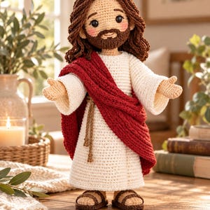 May include: A crochet doll depicting a figure with long brown hair and a beard, wearing a white robe with a red sash draped across the chest. The doll has a light skin tone, rosy cheeks, and is wearing brown sandals with a simple rope belt.