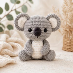 Puede incluir: Un juguete de koala tejido a ganchillo con una cabeza redonda gris y orejas grandes y esponjosas con centros blancos. El koala tiene una nariz gris oscuro, ojos de plástico negro y una mancha blanca en el vientre. El cuerpo es de lana gris.