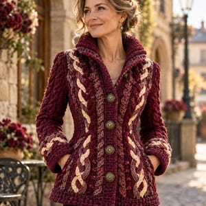 May include: A deep burgundy crochet cardigan featuring a high collar, long sleeves, and a front button closure with four ornate metallic buttons. The garment displays intricate cable knit patterns in cream and dark red yarn throughout.