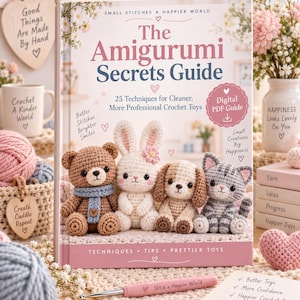 May include: A book titled The Amigurumi Secrets Guide featuring 25 techniques for cleaner, more professional crochet toys. The cover displays a brown bear, a white rabbit, a brown puppy, and a gray striped cat, with a pink crochet hook in the foreground.