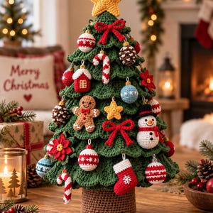 May include: A crocheted green Christmas tree with a yellow star topper, decorated with various handmade ornaments including a gingerbread person, a snowman, candy canes, red bows, poinsettias, stockings, and patterned baubles.