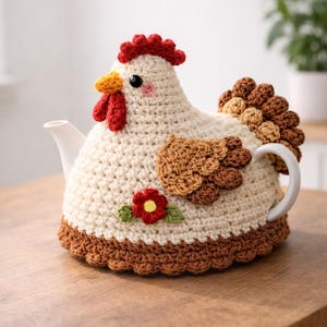 Puede incluir: Una funda de ganchillo color crema con forma de gallina, con cresta y barbillas rojas, pico amarillo, plumas de ala y cola marrones y una pequeña flor roja. La funda cubre una tetera de cerámica blanca con pico y asa visibles.