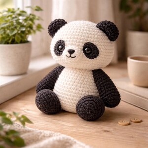 May include: A handcrafted crochet panda toy featuring a round white body and head with black ears, black eye patches, black arms, and black legs. The panda has two dark, glossy safety eyes and a small embroidered black nose and mouth.