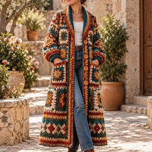 May include: A long, open-front crochet cardigan featuring a multi-colored granny square pattern in shades of teal, mustard yellow, rust orange, and cream. The garment includes long sleeves, two front patch pockets, and four large brown buttons.