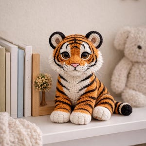 Puede incluir: Un peluche de tigre tejido a ganchillo a mano con hilo naranja y blanco con rayas negras, grandes ojos de color marrón oscuro, una pequeña nariz rosa y orejas redondeadas. El tigre está sentado con patas blancas y una cola rayada al lado.