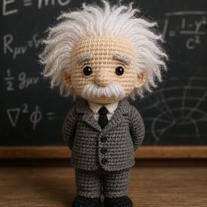 May include: A crochet doll depicting Albert Einstein with wild white hair and a mustache, wearing a grey suit jacket with three black buttons, a white shirt, a black tie, and black shoes. The doll has a beige complexion and dark eyes.