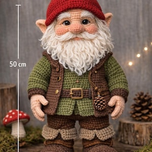May include: A 50 cm tall crocheted gnome doll wearing a red pointed hat, a green long-sleeved shirt, a brown vest with a belt, and brown boots. The gnome has a thick white beard, large ears, and a small pinecone accessory attached to the vest.