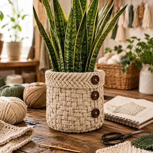 May include: A cream-colored, hand-knitted plant pot cover featuring a basket-weave texture and a folded-over rim. Three dark brown circular buttons are vertically aligned on the side of the cover, which holds a tall, green, pointed snake plant.