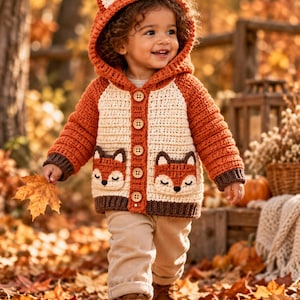 May include: A crochet hooded cardigan featuring a fox design with orange and cream yarn, brown ribbed cuffs and hem, and five wooden buttons down the front. Two fox-faced pockets are attached to the front of the cream-colored body.