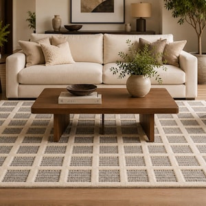May include: A rectangular area rug featuring a repeating grid pattern of raised cream-colored borders surrounding recessed squares of textured gray fibers. The rug is positioned on a light wood floor, providing a neutral foundation for the room.