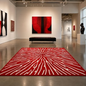 Hand Tufted Wool Sunburst Rug, Modern Abstract Red Geometric Carpet, Custom Size Floor Decor