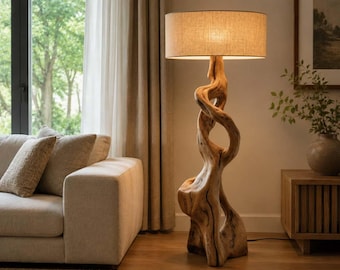 Handcrafted Wooden Floor Lamp, Sculptural Wood Lamp, Rustic Standing Lamp, Modern Organic Lighting, Natural Wood Home Decor