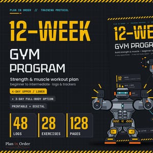 Puede incluir: Un programa de gimnasio de 12 semanas con texto amarillo y blanco sobre un fondo gris oscuro. Incluye ilustraciones de un robot gris y amarillo levantando una barra, con etiquetas para 48 registros, 28 ejercicios y 128 páginas de contenido.