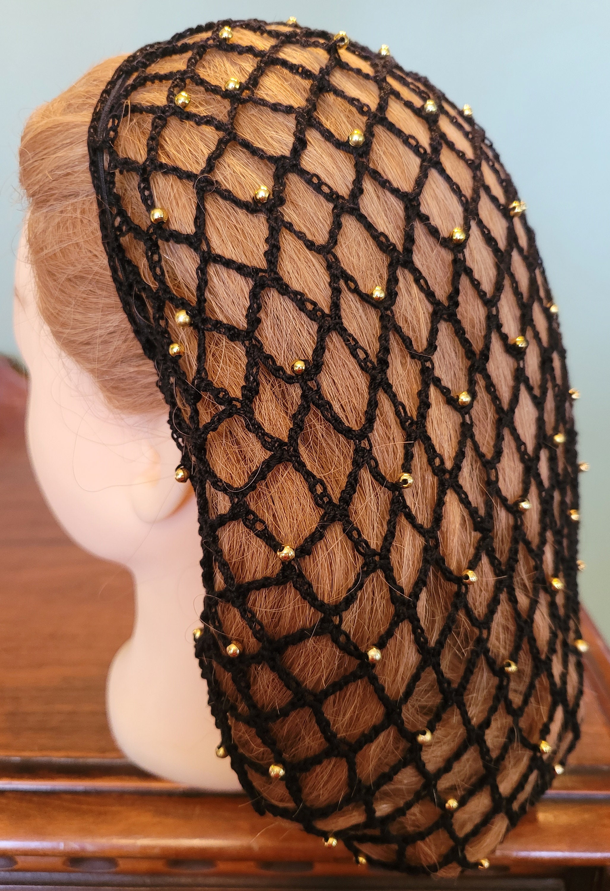 40's Square Net Beaded Hair Snood - Beaded on Alternating 40's Square Net Beaded Hair Snood - Beaded on Alternating