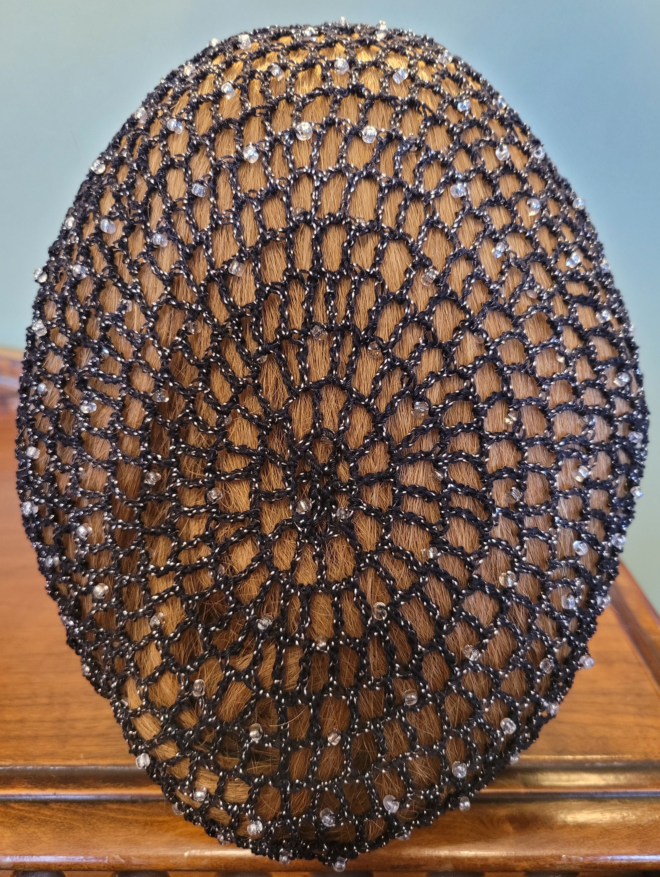 Metallic/Cotton Hair Snood with beads on every other row.