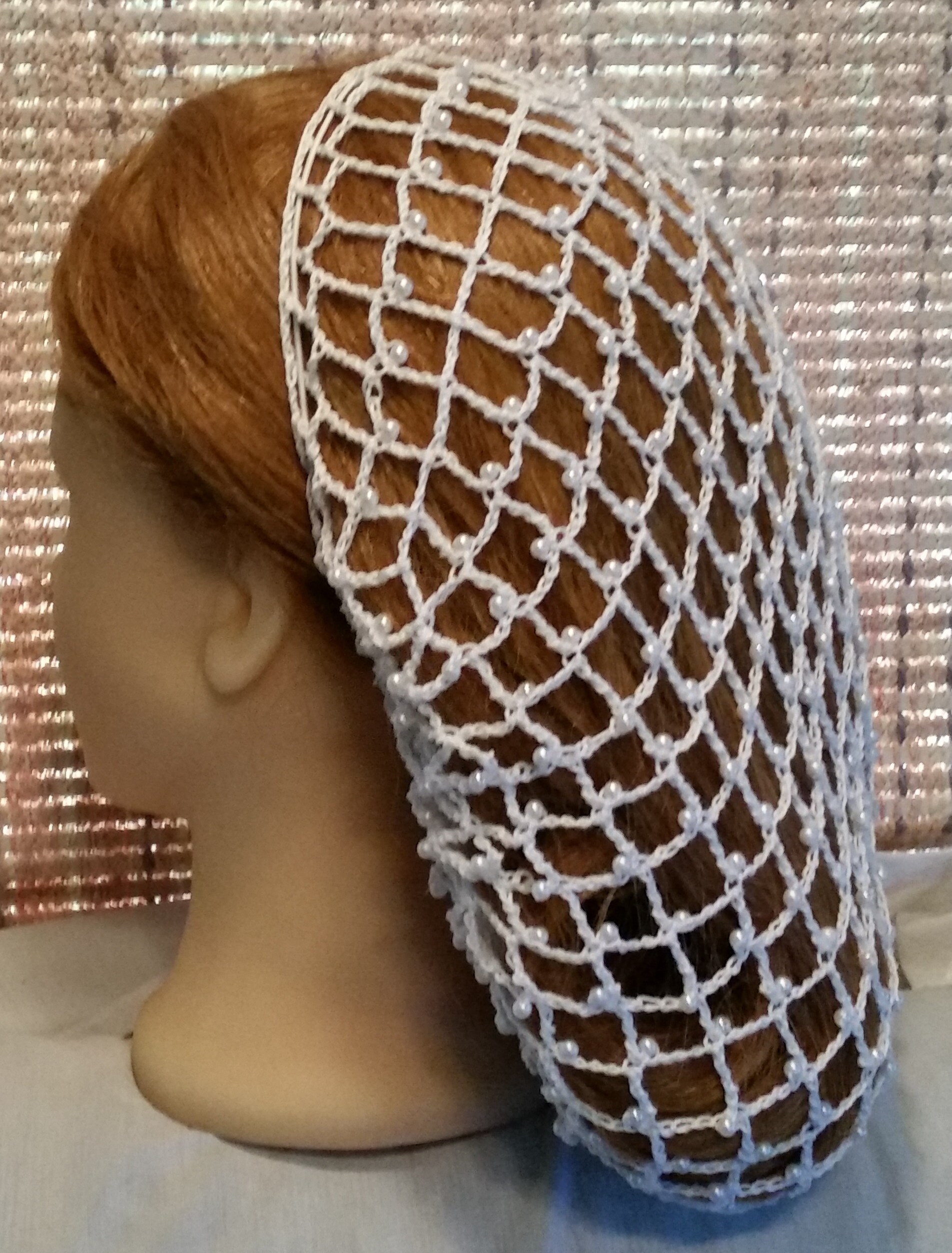 40's Square Net Beaded Hair Snood Beaded on Every row 8 Regular Length