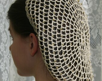 Metallic/Cotton Hair Snood with beads on every other row.