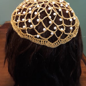 Juliet Cap Beaded in Metallic Combination thread.