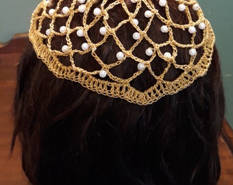 Juliet Cap Beaded in Metallic Combination thread.