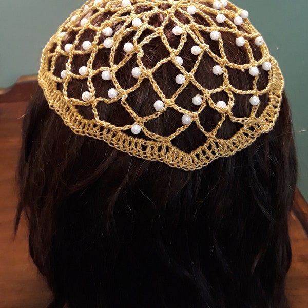 Juliet Cap Beaded in Metallic Combination thread.