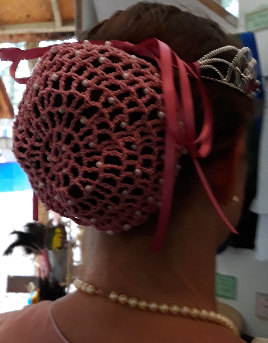 Large Beaded Hair Bun Cover in Cotton Crochet Thread With Beads on