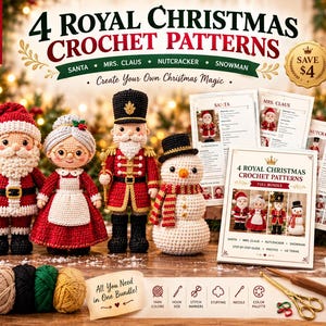 Könnte beinhalten: Ein Häkelmuster-Set mit vier Amigurumi-Figuren: Weihnachtsmann, Weihnachtsfrau, Nussknacker und Schneemann. Das Set enthält gedruckte Anleitungshefte, eine Häkelnadel aus Holz, eine goldene Schere und mehrere Garnknäuel in Rot, Weiß, Beige, Schwarz, Grün und Gelb.