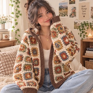 Patrón de cárdigan cuadrado de ganchillo estilo abuela con capucha, chaqueta bohemia de patchwork en PDF, suéter con capucha extragrande, descarga digital.