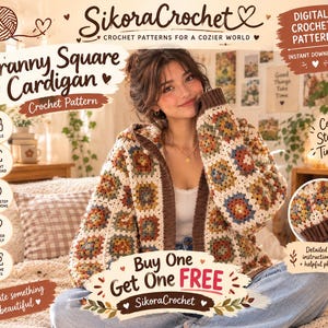 Crochet Granny Square Hooded Cardigan Pattern, Boho Patchwork Jacket (PDF Download)