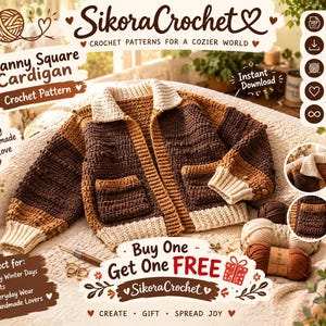 May include: A crochet pattern for a granny square cardigan featuring text that reads SikoraCrochet, Granny Square Cardigan, and Buy One Get One Free. The cardigan is brown, tan, and cream with a collar, long sleeves, and two front pockets.