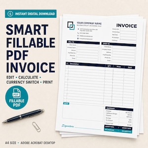 May include: A smart fillable PDF invoice template in A4 size featuring a white background with dark blue text and accents. The document includes sections for company details, bill to, ship to, itemized descriptions, and a financial summary table.